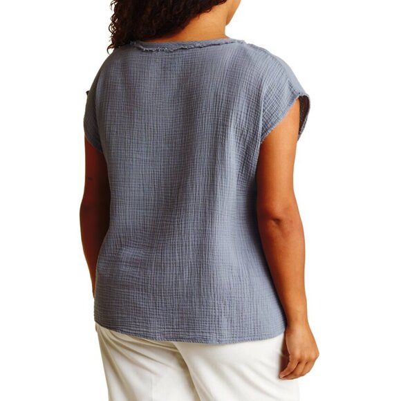 T Tahari Woman Crinkle 100% Cotton Gauze Boxy Raw edges Cap sleeve Grey Size 3XL - Picture 2 of 15